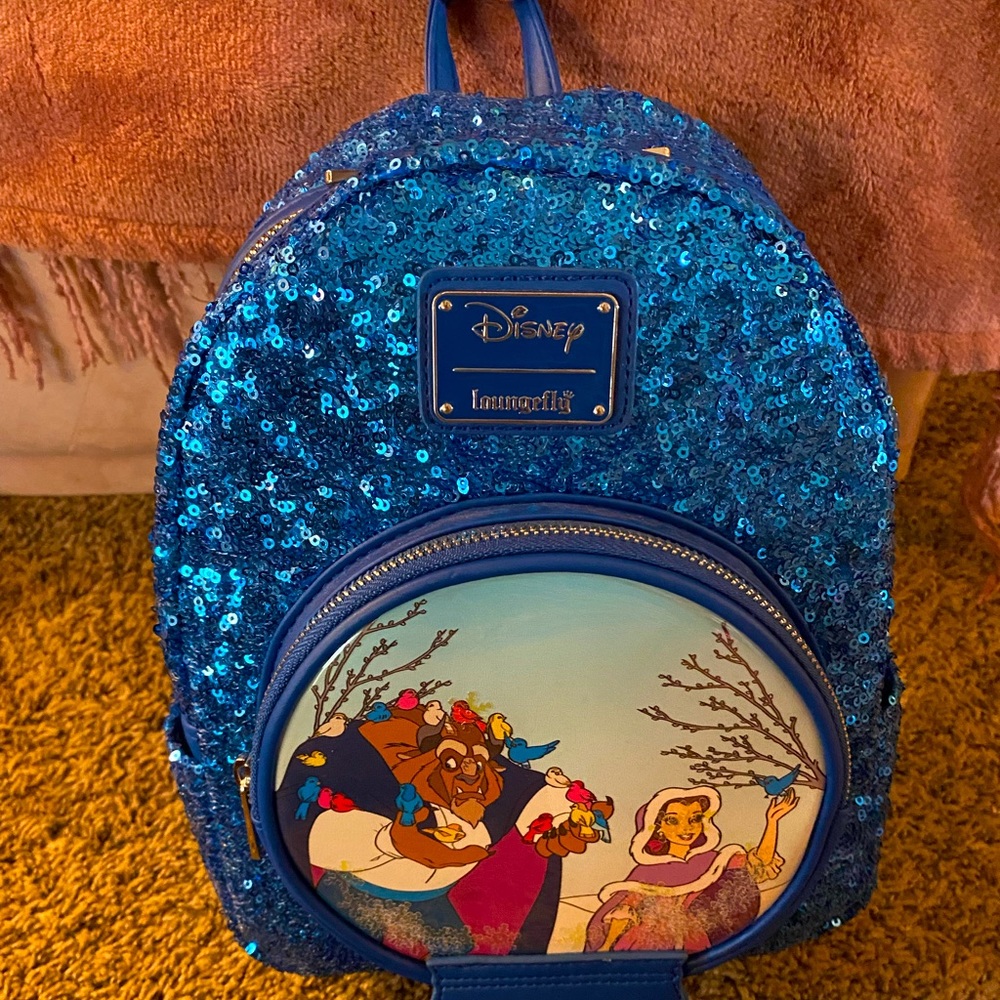 Brand new Beauty and the Beast snowglobe sequin Loungefly bag